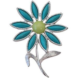 Sarah Coventry Silver Tone Robins Egg Blue, Green Daisy Brooch, Signed E680